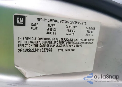 2001 Buick Century Custom z USA, uszkodzony, nr VIN 2G4WS52J411337070